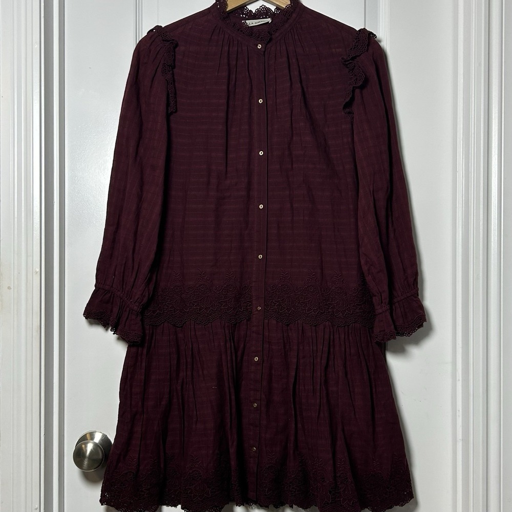 Ulla Johnson Burgundy Cotton Lace Trim Victorian Ruffle Collar‎ Drop Waist Dress